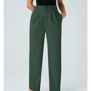 Halara Womens High Waisted Button Green Shirred Straight Leg Work Pants Size M